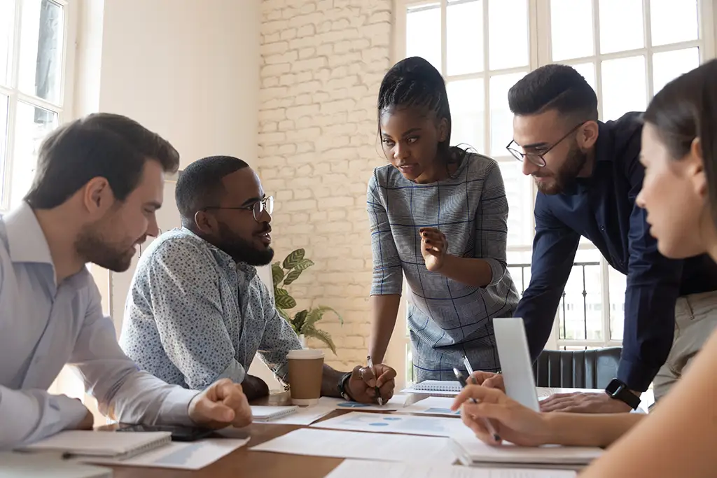 Serious Multiracial Corporate Business Team Black Leader Talk During